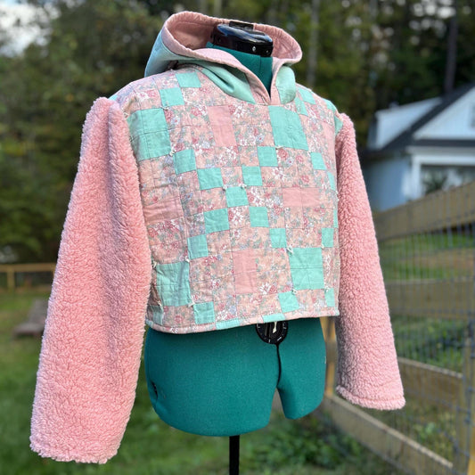 The Crush Cropped Hoodie in Strawberry Mint with Sherpa sleeves - Small