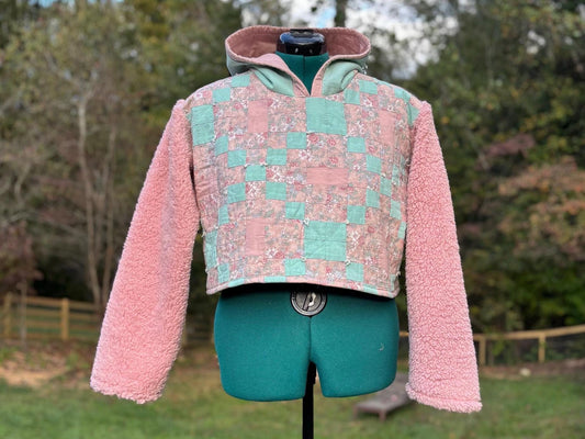 The Crush Cropped Hoodie in Strawberry Mint with Sherpa sleeves - Small